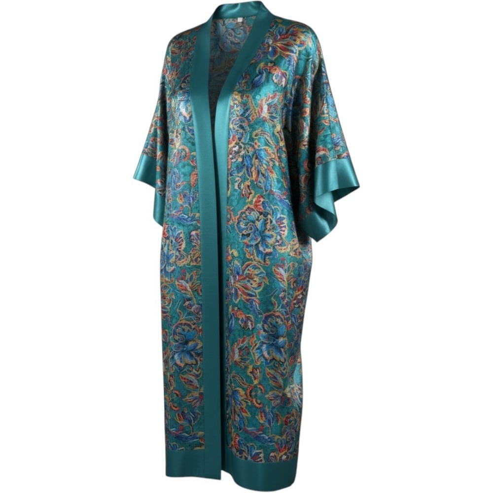 Vintage Victorias Secret Gold Label Teal Paisley Floral Satin Kimono Robe PS